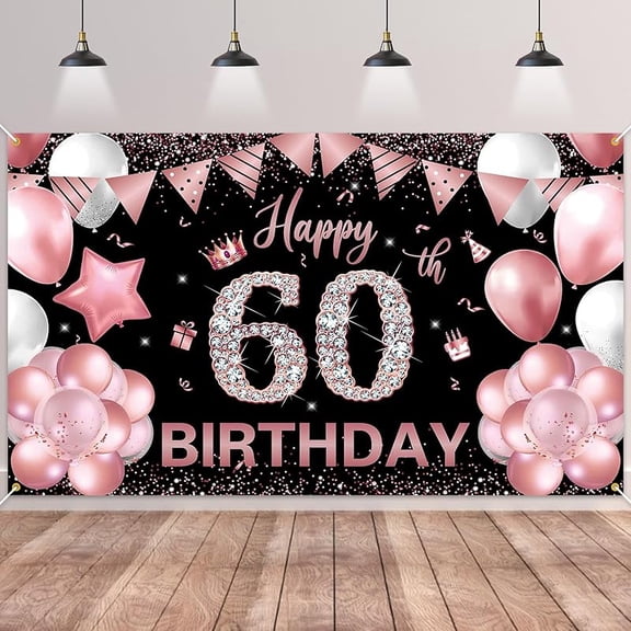 Happy Birthday Decorations, Rose Gold and Black Birthday Fabric Photo Backdrop Background for Men Women Anniversary Party Decor, 180×110cm