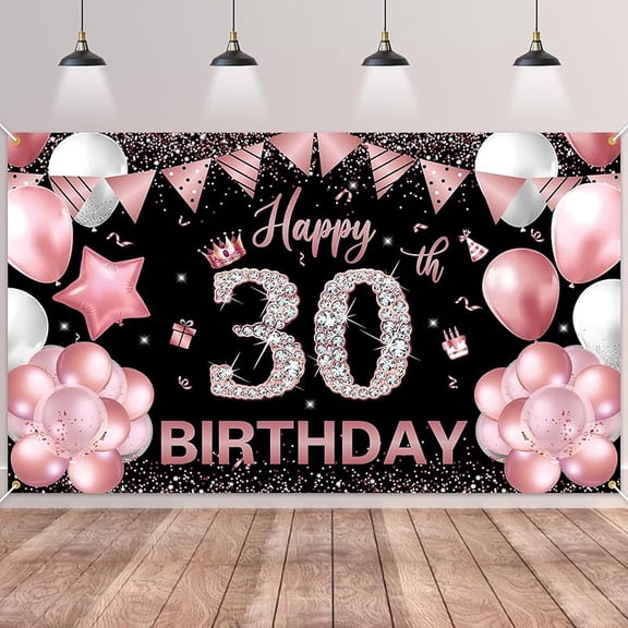 Happy Birthday Decorations, Rose Gold and Black Birthday Fabric Photo Backdrop Background for Men Women Anniversary Party Decor, 180×110cm