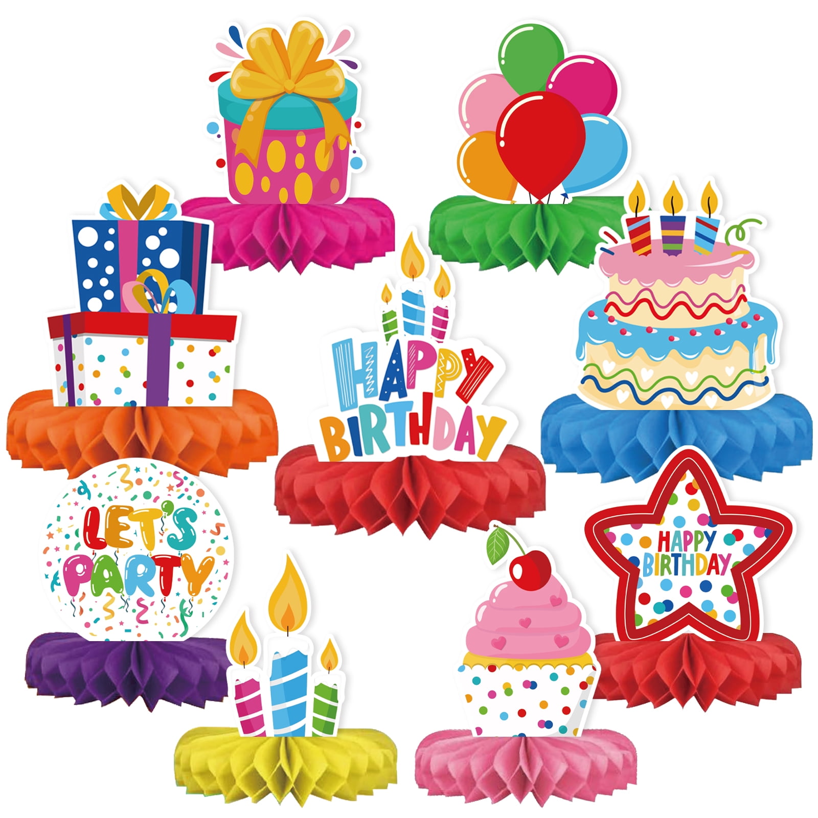 Happy Birthday Decorations Set - Colorful Birthday Themed Honeycomb Centerpiece, Table Decoration for Kids' Birthday Party Supplies