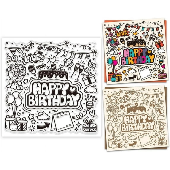 Happy Birthday Decorative Elements Clear Stamps for Cards Making Birthday Sentiment Clear Stamp Seals 5.91x5.91inch Transparent Stamps for DIY Scrapbooking Photo Album Journal DIY