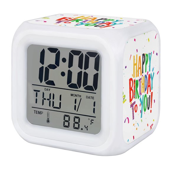 Happy Birthday Digital Alarm Clock for Bedrooms, Smart LED Alarm Clock with 7 Color Changing Night Light, Coloful Birthday Ribbon Silent Wake Up Clocks for Sleep Study Cooking 3.2"x3.2"