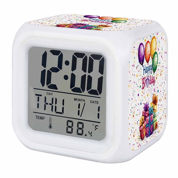 Happy Birthday Digital Alarm Clock for Bedrooms, Smart LED Alarm Clock with 7 Color Changing Night Light, Colorful Balloon Gifts Patterns Silent Wake Up Clocks for Sleep Study Cooking 3.2"x3.2"