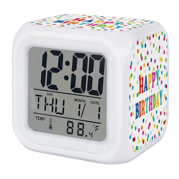 Happy Birthday Digital Alarm Clock for Bedrooms, Smart LED Alarm Clock with 7 Color Changing Night Light, Colorful Polka Dot Watercolor Silent Wake Up Clocks for Sleep Study Cooking 3.2"x3.2"