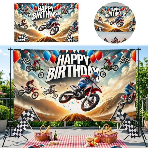Happy Birthday Dirt Bike Banner 71x43 Inch Racing Themed Polyester Backdrop Weather Resistant Party Decor for Boys & Girls Motocross Birthday Yard Sign Multicolor