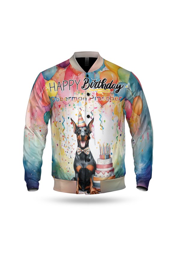 Happy Birthday to Doberman Pinscher Kitten Party Balloons Cake All Over Print 3D Baseball Jacket Doberman Dog Lover Gifts Bomber Jacket Softball - 00027
