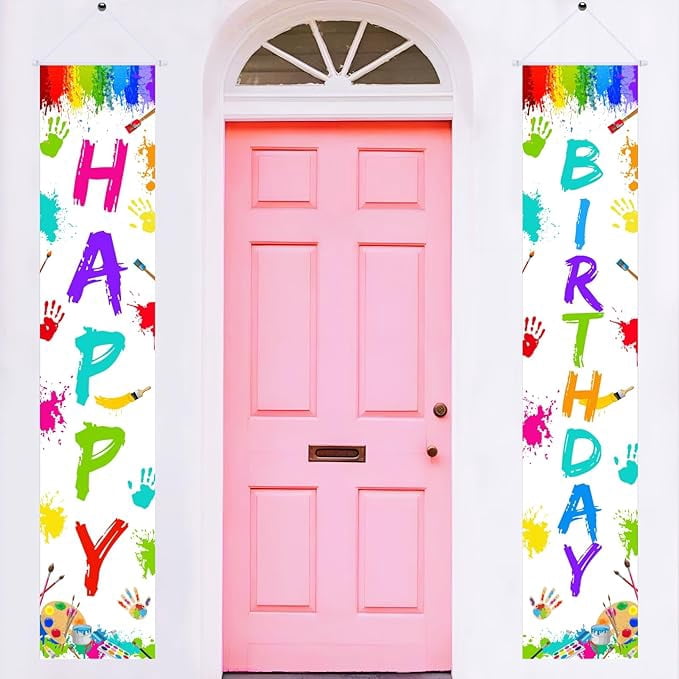 Happy Birthday Door Banner Colorful Art Painting Birthday Party Decor ...