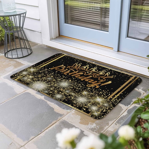Happy Birthday Door Mat Indoor Outdoor, Luxurious Black Golden Cake Fireworks Non Slip Welcome Mat with Rubber Backing, Absorbent Fabric Front Door Mats Entryway Rug for Home Patio Entrance 24"x36"