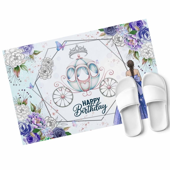 Happy Birthday Door Mat Watercolor Blue Purple Floral Butterfly Crown Carriage Non Slip Absorbent Entrance Mat Washable Low Profile Indoor Doormat for Front Door Entryway Entry 16"x24"