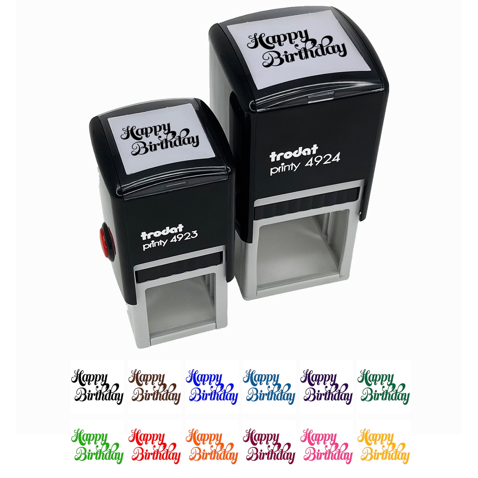 Happy Birthday Elegant Text Self-Inking Rubber Stamp Ink Stamper - Black Ink - Large 1-1/2 Inch