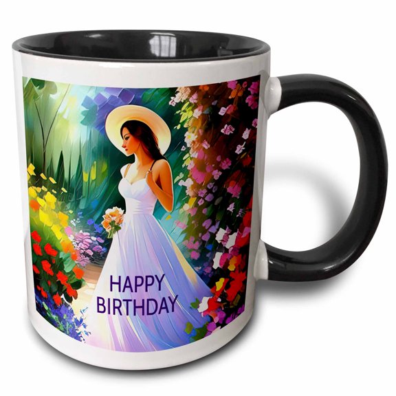 3drose, Happy Birthday. Elegant Woman in White Dress in the Garden. Chic Card, 15oz Two-tone Black Mug