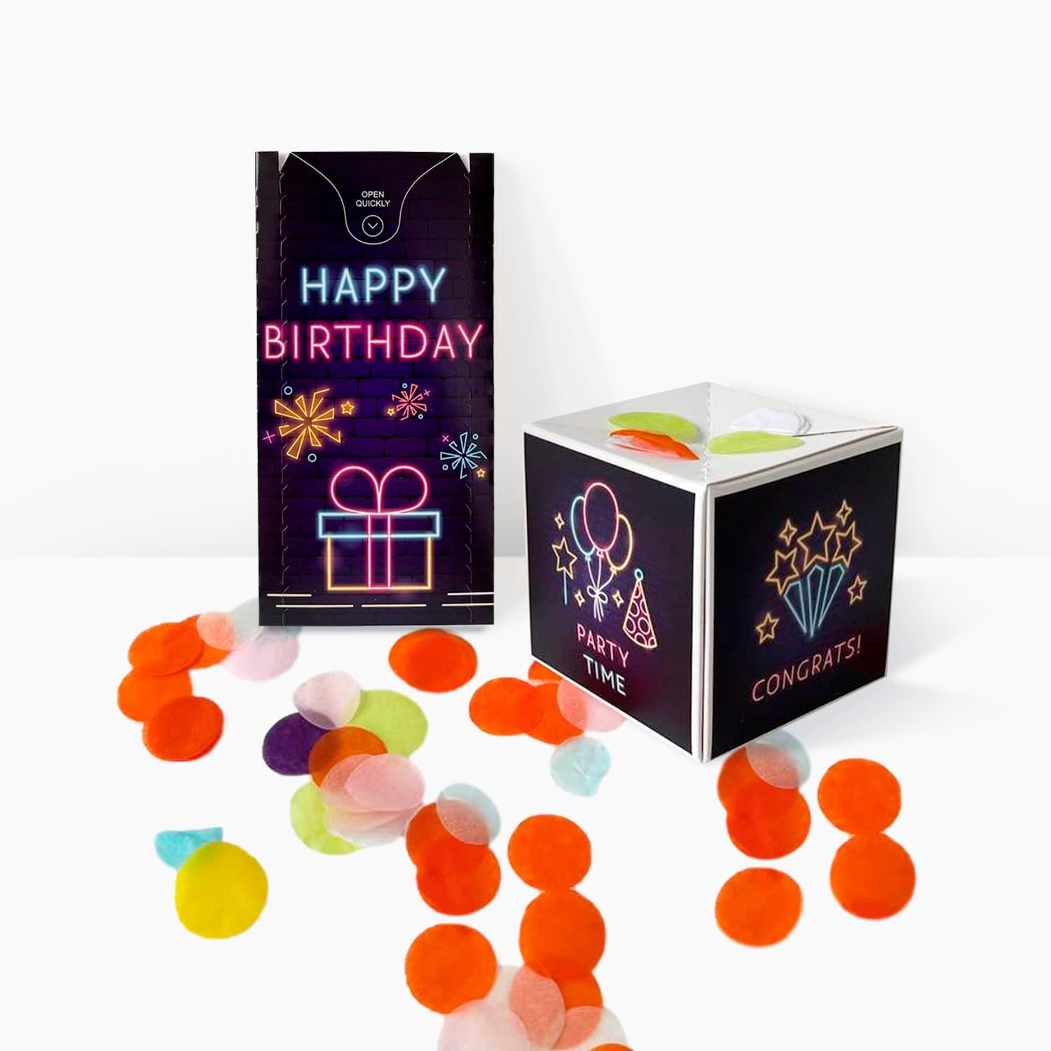 Happy Birthday Exploding Confetti Surprise Card (Neon), Prank Box Pop