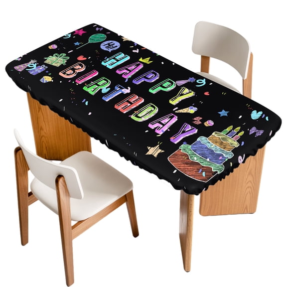Happy Birthday Fitted Rectangle Tablecloth 24" x 36" Cake Firwoks Black Elastic Table Cloth Fits for 3 Foot Folding Tables, Waterproof Table Cover for Picnic Camping Outdoor