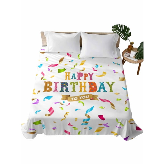 Happy Birthday Flat Sheet Only Twin Size, Soft Breathable Bed Top Sheets for Mattress, Colorful Words Luxury Bedding Flat Sheets for Home Hotel Bedroom Bed Protection