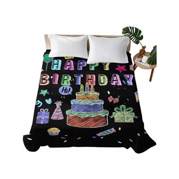 Happy Birthday Flat Sheets Only King Size, Soft Breathable Bed Top Sheets for Mattress, Birthday Gifts Cake Balloons Black Luxury Bedding Flat Sheets for Home Hotel Bedroom Bed Protection