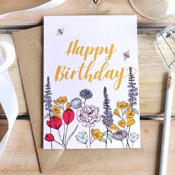Happy Birthday Floral Card - Elegant Design with Beautiful Flowers and Gold Foil Script - Blank Inside for Personal Messages - Includes Brown Kraft Envelope
