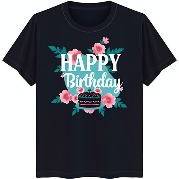Happy Birthday Floral Design T-Shirt Dark Blue Tee with Cake & Flowers