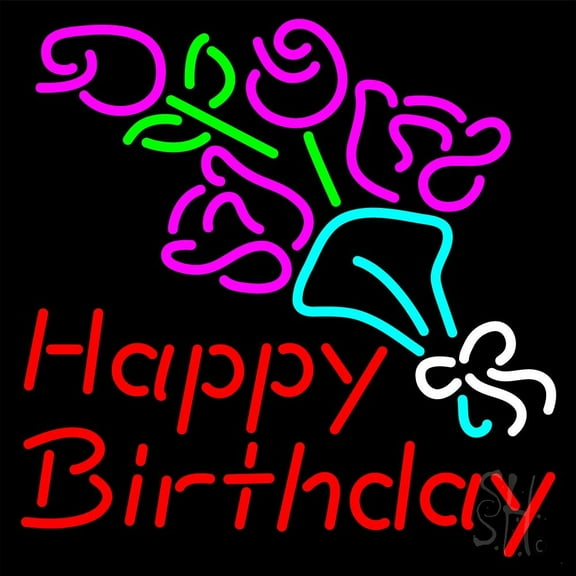 Happy Birthday With Flowers LED Neon Sign 24 x 24 - inches, Clear Edge Cut Acrylic Backing, with Dimmer - Bright and Premium built indoor LED Neon Sign for special occasion decor.