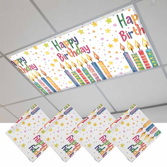 Happy Birthday Fluorescent Light Covers, Colorful Star Funny Celebration Magnetic Light Covers for Ceiling Lights, Fluorescent Ceiling Shade Filters for Classroom Bedroom Office 4x2Ft x 4PCS