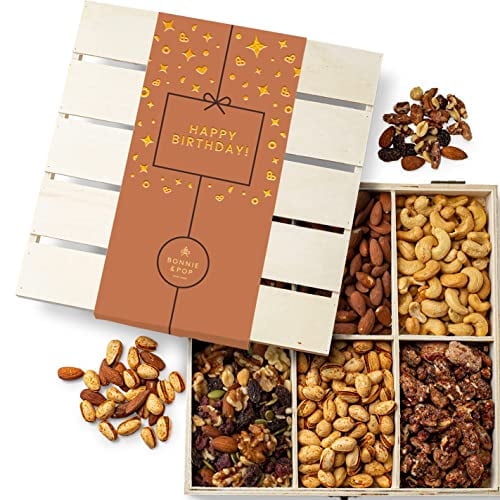 Happy Birthday Food Gift Basket, Healthy Nut Gift Baskets, Birthday Snack Treat in Reusable Wooden Crate, Birthday Snack Box, For Men, Women and Families, Bonnie & Pop