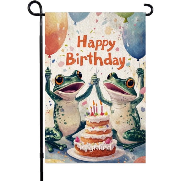 Happy Birthday Frog Garden Flag Vertical Double Sided Outdoor Yard Burlap Banner 12x18 Inch