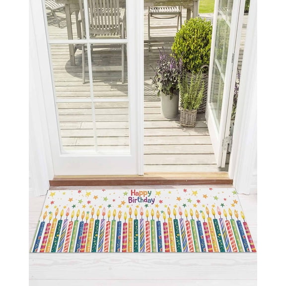 Happy Birthday Front Door Mat Colorful Candles Pentagram Welcome Doormat Indoor Outdoor Entrance Floor Mat Non-Slip Washable Runner Rug for Front Porch Decor 24x71 Inch