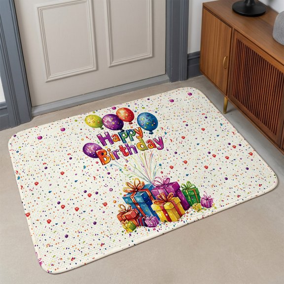 Happy Birthday Front Door Mat Indoor Entrance, Colorful Balloon Polka Dots Present Absorbent Dirt Resist Welcome Mats Non-Slip Low-Profile Doormat Washable Entry Rug Indoor Outdoor 17x30 Inch