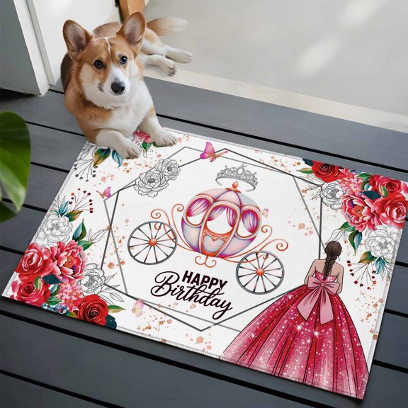 Happy Birthday Front Door Rugs 2x3 ft Watercolor Red Floral Butterfly Crown Carriage Small Rug for Entryway Non Slip Washable Bathroom Door Mat Absorbent Floor Mat for Indoor Entrance