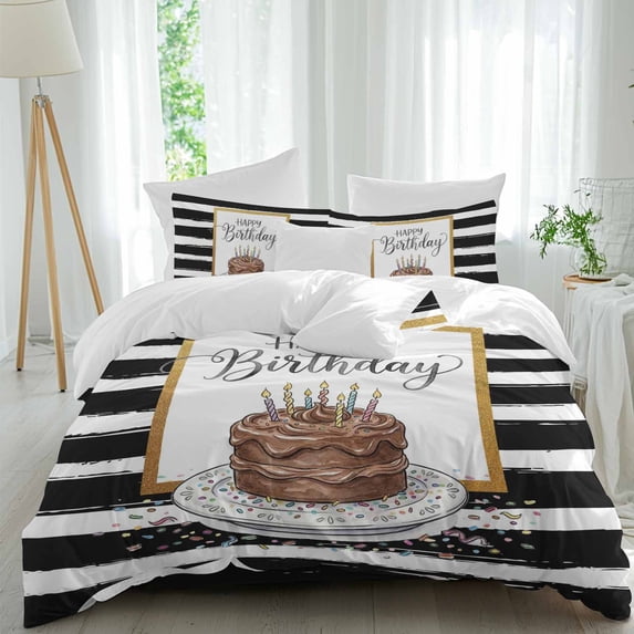 Happy Birthday Full Size Comforter Set, Watercolor Cake Colored Candle Candy Black Stripes Bedding for All Seasons, 4 Pcs Bed Set, 1Quiltcover (86"x86") ,1Sheet(80"x116"), 2Pillowcases (30"x20")