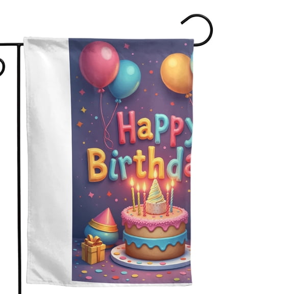 Happy Birthday Garden Flag 12x18 Inch Double Sided Polyester Decorative Yard Banner for Outdoor Party Decorations with Vibrant Balloons Cake Gifts Confetti Design