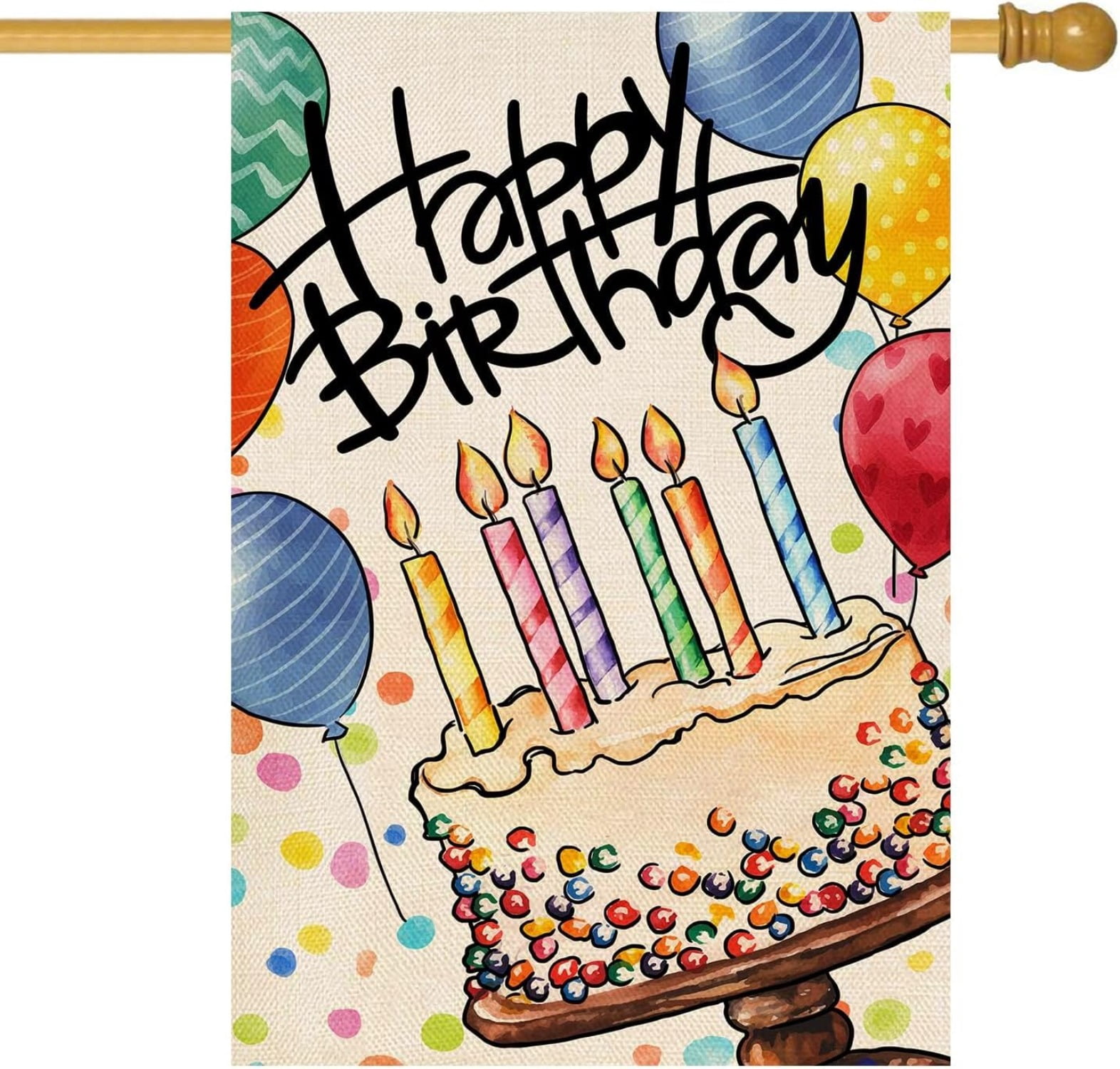 Happy Birthday Garden Flag Banner Big Cake Colorful Balloon Yard Flag Burlap Vertical Double-Sided Party Welcome Farmhouse Outdoor Outside Home House Decoration