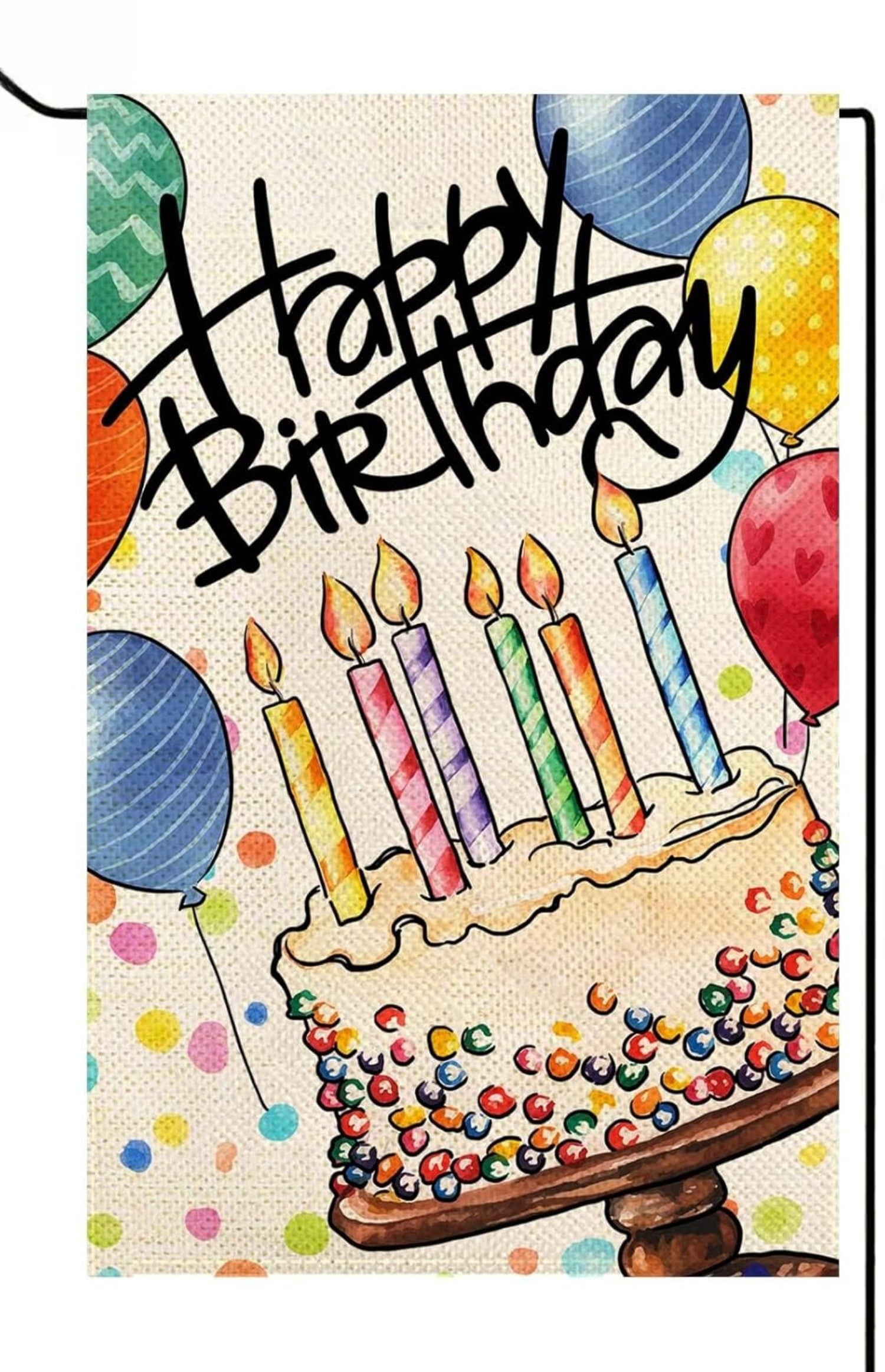 Happy Birthday Garden Flag Banner Big Cake Colorful Balloon Yard Flag Burlap Vertical Double-Sided Party Welcome Farmhouse Outdoor Outside Home House Decoration