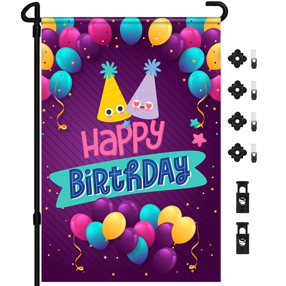 Happy Birthday Garden Flag | Bonus Flag Pole, Wind Clip & Stopper Included, Premium Fabric, Double Sided Design| Birthday Summer Outdoor Decor Yard Garden Flag - 12.5 x 18
