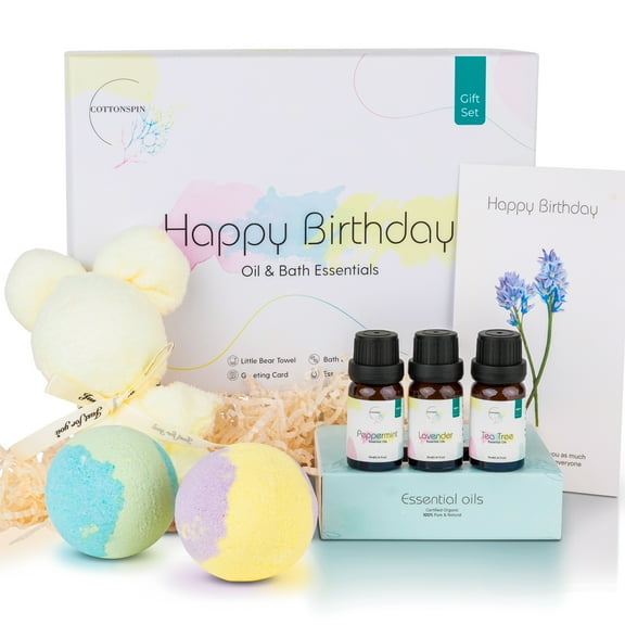 Happy Birthday Gift Set for Women. Relaxing Spa Gift Basket, Ideas for Her, Mom, Friends, Wife, Girlfriend, Gift Box Incl' Bath Bombs, Essential Oils, Facial Towel, B-day Card, Unique Gifts for Women