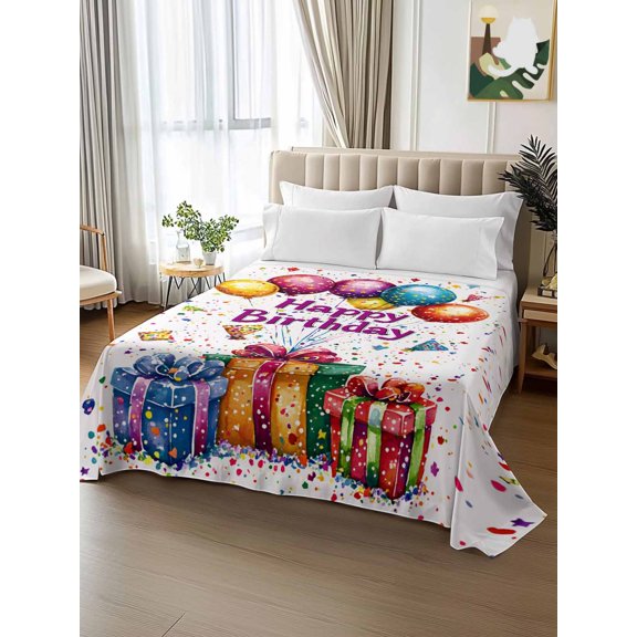 Happy Birthday Gifts Balloon King Size Flat Sheet Only,Soft Top Bed Sheets Breathable Bedding Sheet Firework Celebration Microfiber Hotel Flat Sheets
