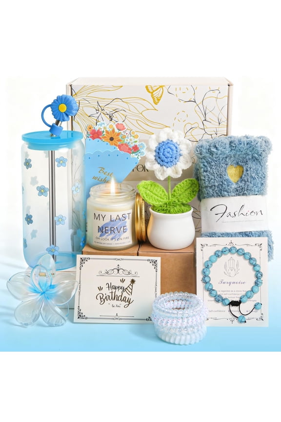 Happy Birthday Gifts for Teen Girls, Unique Gift Baskets for Women, Her, Self Care Thank You Get Well Valentines Day Present Set, 14pcs Cute Teenage Box for Friend Mom Sister Coworker (Blue) Y114