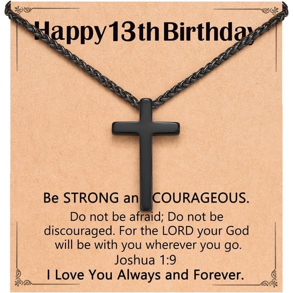 Happy Birthday Gifts for 8-18 Years Old, Black Cross Necklace with Bible Verse Joshua 1:9 for Son, Grandson, Nephew, Friend