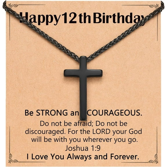 Happy Birthday Gifts for 8-18 Years Old, Black Cross Necklace with Bible Verse Joshua 1:9 for Son, Grandson, Nephew, Friend
