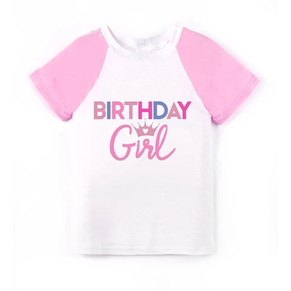 Happy Birthday Girl T-Shirt Short Sleeve Toddler Party Tee Shirt in Glitter Pink 4T