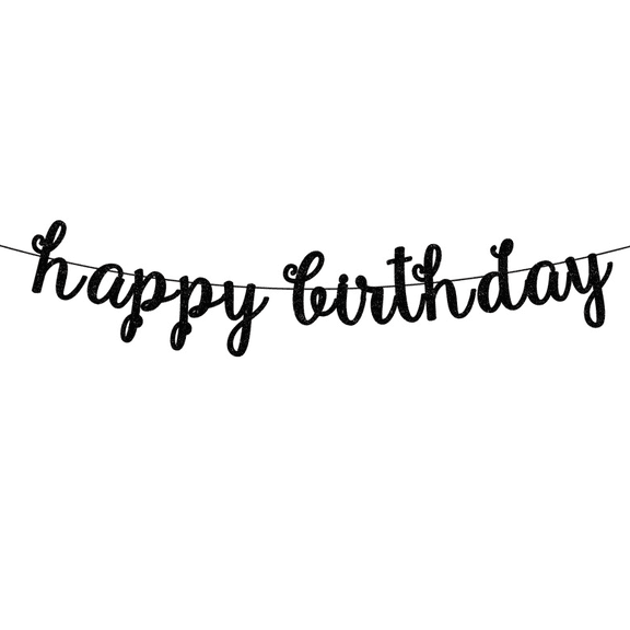Happy Birthday Glitter Banner, Black, Cursive Script Style, Party Decoration