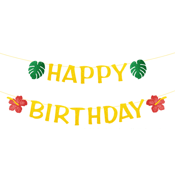 Happy Birthday Glitter Banner, Gold, Green and Red, Tropical Hawaiian Theme, Party Decoration