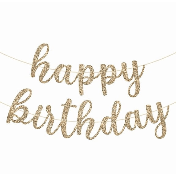 Happy Birthday Glitter Banner, Gold, Script Style, Party Decoration