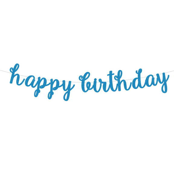 Happy Birthday Glitter Banner, Sky Blue, Cursive Script Style, Party Decoration
