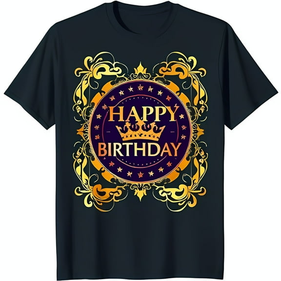 Happy Birthday Gold Design T-Shirt for Men & Women Dark Blue Tee with Crown & Stars