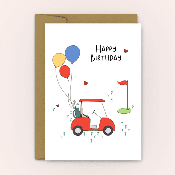 Happy Birthday Golf Cart Card with Balloons  Fun and Playful Design  Blank Inside, Envelope Included  Ideal for Golf Lovers and Birthday Celebrations