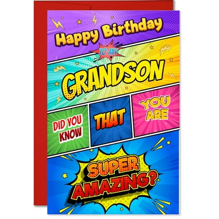 MegaCalendars Grandson Superhero Birthday Card, Comic Book Style Greeting Card for Boys, 5.3 x 8 with Envelope