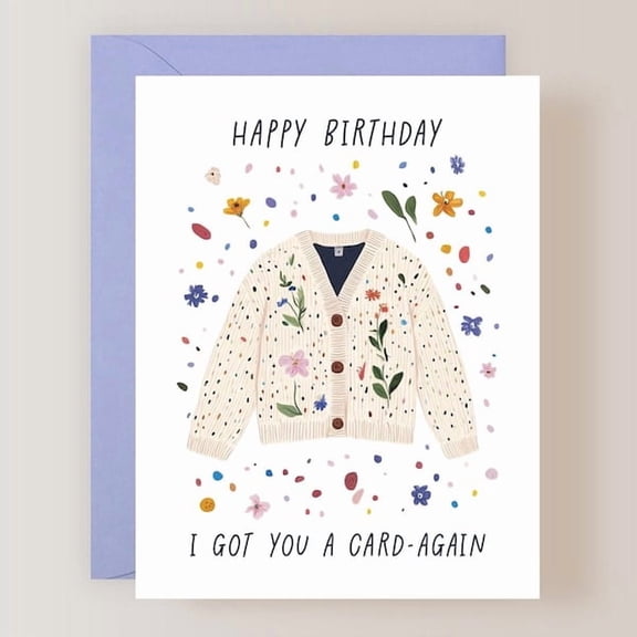 Happy Birthday Greeting Card, Cozy Cardigan Illustration with Colorful Flowers and Confetti, Funny Birthday Message, Includes Purple Envelope