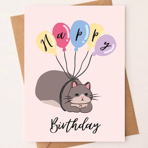 Happy Birthday Greeting Card, Cute Grey Cat Floating with Colorful Balloons, Whimsical Illustration for Cat Lovers, Includes Kraft Envelope, Folded Note Card for Everyone