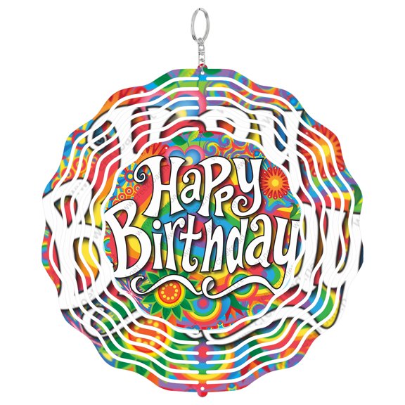 Happy Birthday Groovy Colors 3D Wind Spinner Aluminum Metal Party Decoration Outdoor Gift Round