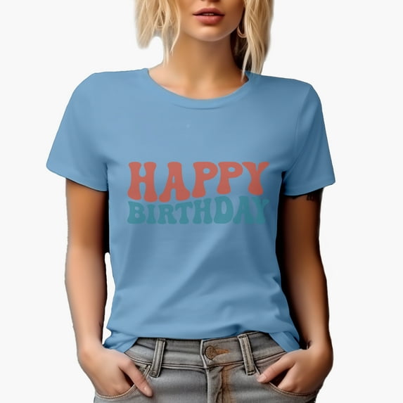 Happy Birthday, Groovy Retro Wavy Text Merch Gift, Baby Blue T-Shirt, Medium