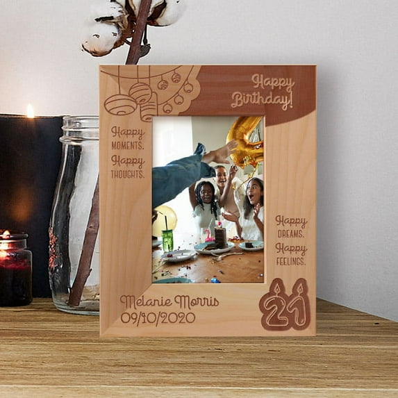 Happy Birthday Happy Moments Happy Thoughts Personalized Wooden Frame 3 1/2" x 5" Brown (Vertical)